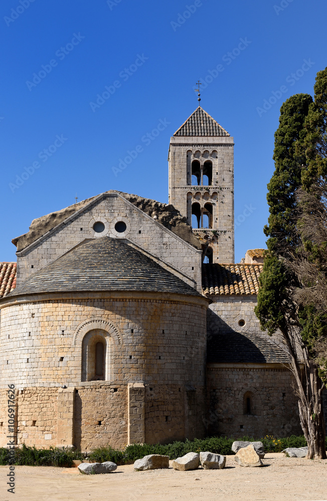 Apse and Gothic facade of the monastery of Vilabertran, Alt Emporda, Catalonia,Spain