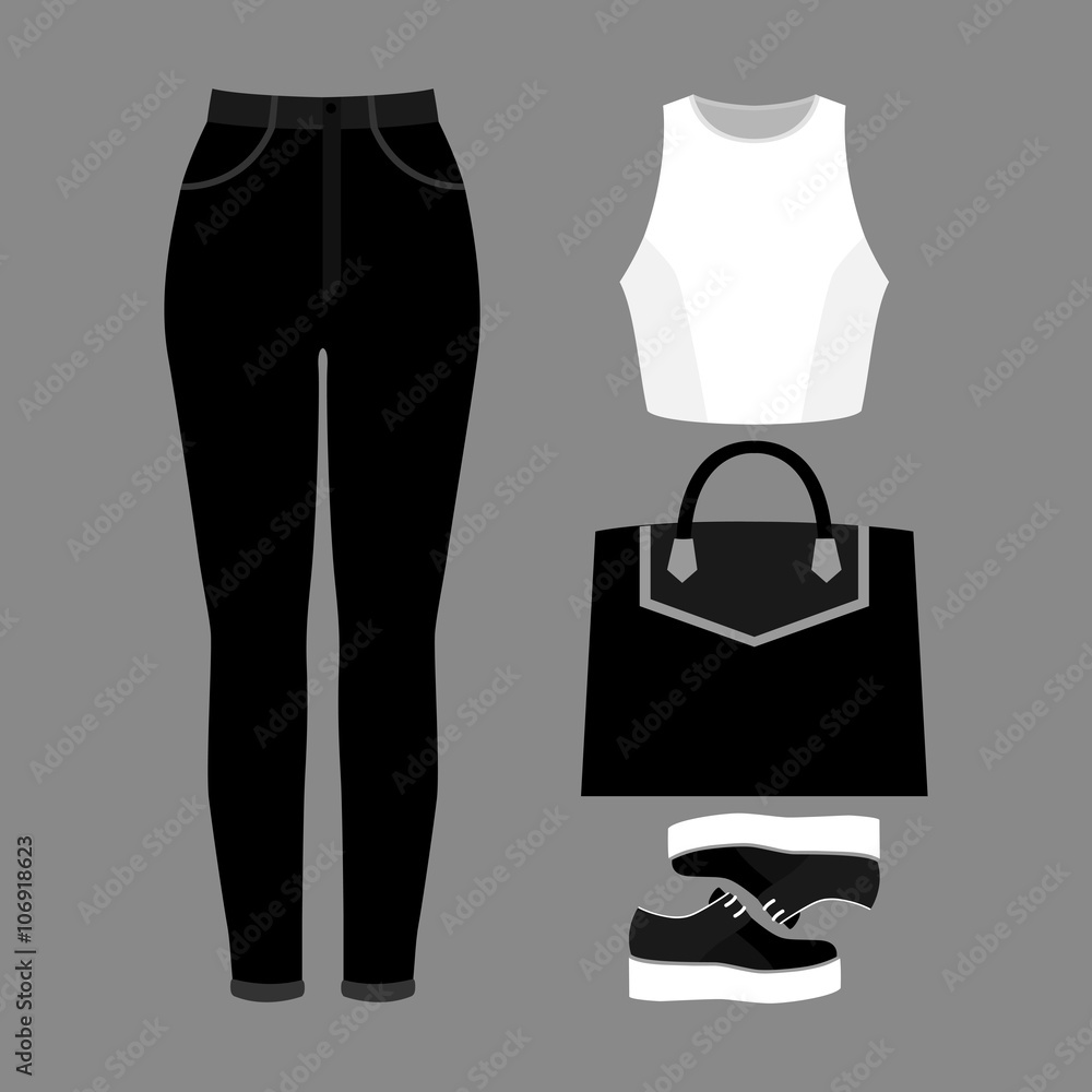 Set of trendy women's clothes with jeans, top and accessories. Vector illustration Set of trendy women's clothes with jeans, top and accessories. Vector illustration