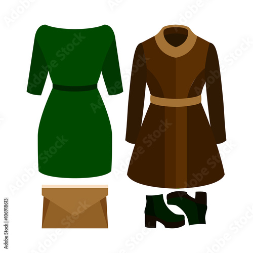 Set of trendy women's clothes with woman coat, dress and accessories. Vector illustration