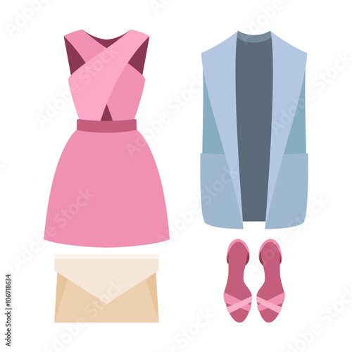 Set of trendy women's clothes with woman vest, dress and accessories. Vector illustration