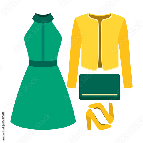 Set of trendy women's clothes with woman jacket, dress and accessories. Vector illustration