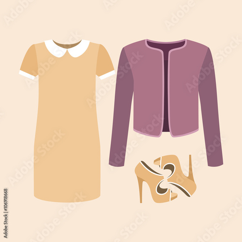 Set of trendy women's clothes with woman jacket, dress and accessories. Vector illustration