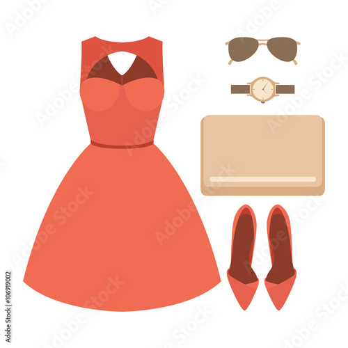 Set of trendy women's clothes with dress and accessories. Vector illustration