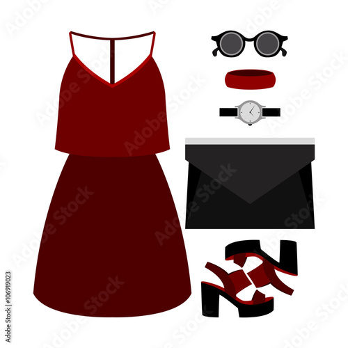 Set of trendy women's clothes with dress and accessories. Vector illustration