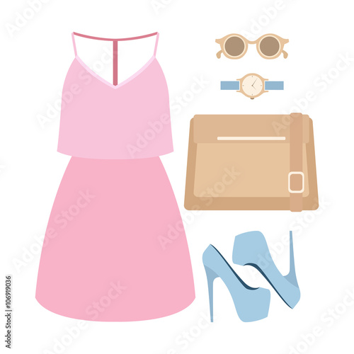 Set of trendy women's clothes with dress and accessories. Vector illustration