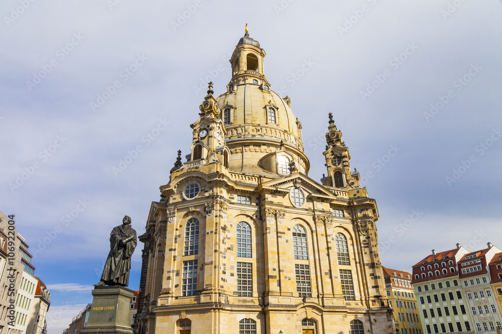 Dresden - view of Frauenkirche cathedral and statue of Martin Luther
