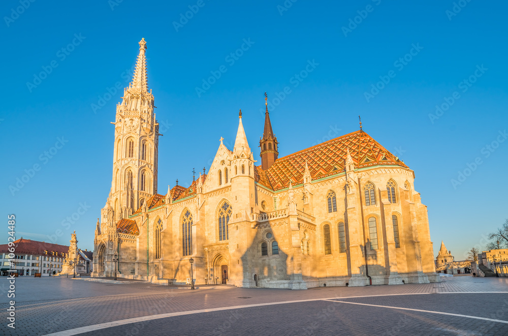 Sunlit Roman Catholic Matthias Church in Early Morning in Budapest, Hungary