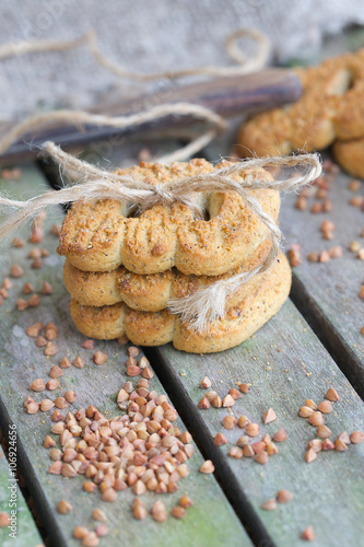 Buckwheat biscuits on a wooden surface. Closeup photo