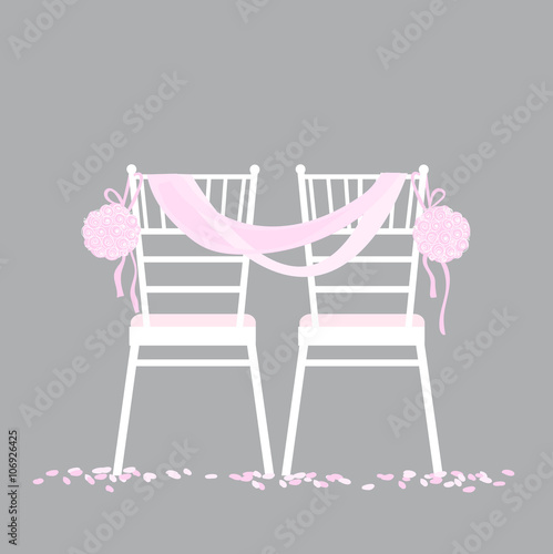 Wedding chairs decorated with ribbon and flowers. Vector illustration