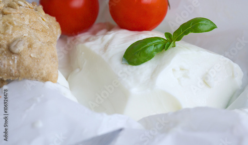 Photos Italian cheese - stracchino with basel leaves. Closeup