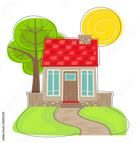 Cute House With Tree - Stylized cartoon house with front lawn, pathway, and tree in the back. Eps10