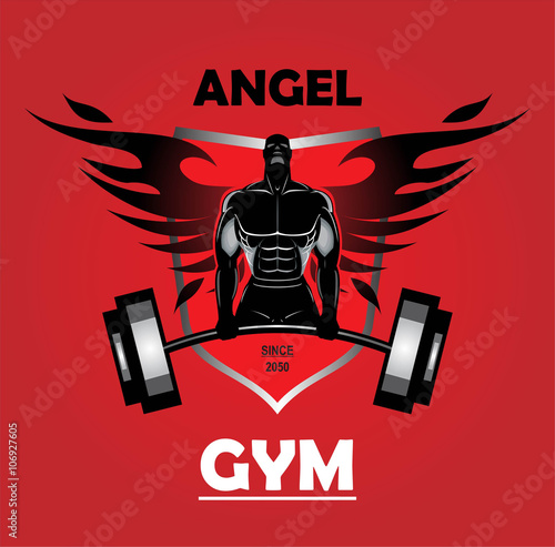 Winged Body builder on the shield. silhouette of Bodybuilder fitness model illustration, suitable for fitness club, gym, mix martial arts club, clothing illustration, apparel, product identity. etc. 