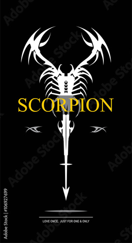 scorpion in black and white. scorpion with the arrow tail. stylized scorpion combine with text.labelled scorpion.Suitable for your product identity, emblem, illustration for automotive, apparel, etc. 