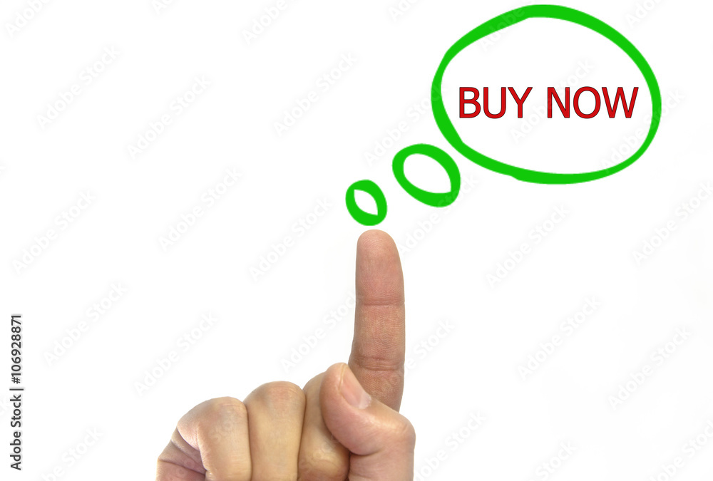 Fototapeta premium hand writing buy now talking balloon. isolated on white background