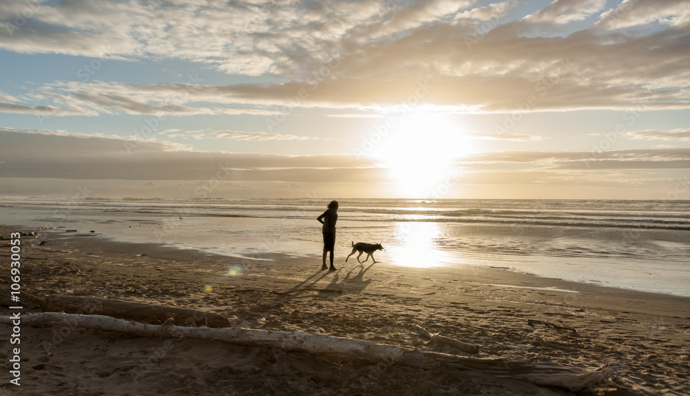 Unrecognizable silhouette of w,am walking dog on beach at dusk Himutangi Beach New ZealandHimutangi Beach Levin New Zealand