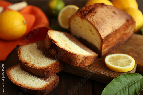 Delicious sweet cake bread with lemons closeup