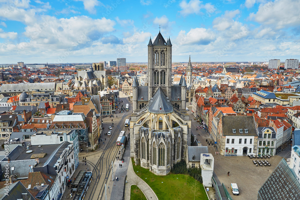 Aerial view on the center of Ghent with Saint Nicholas Church in Belgium