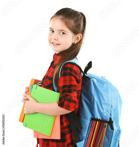 Little girl with blue back ...