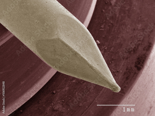 Coloured SEM of brad nail tip