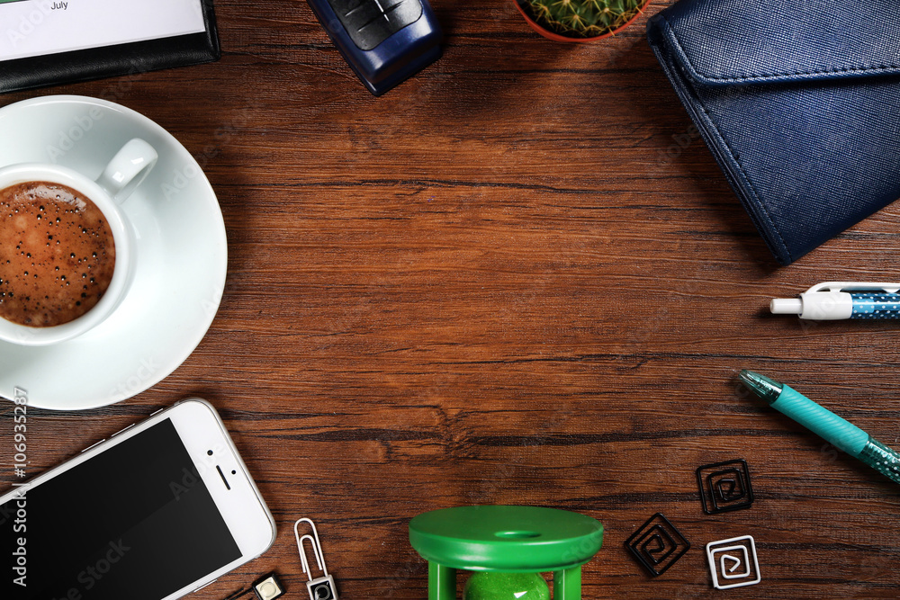 Naklejka premium Stylish workplace with accessories, top view