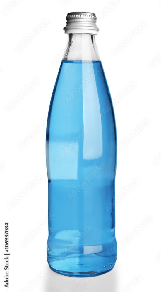 Glass bottled water on the blue background, close up