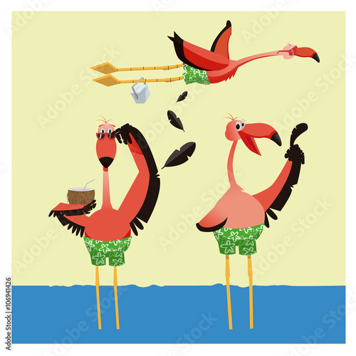 flamingos en vacaciones de verano en la playa