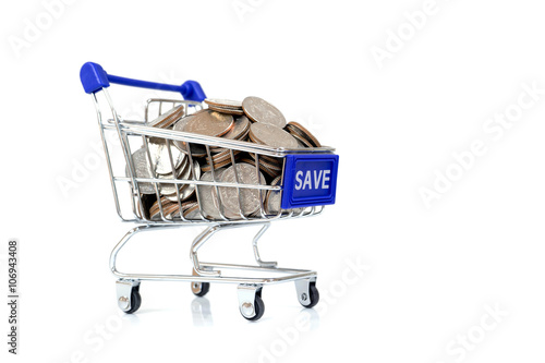 Save concept with shopping cart with full of coin. © photobuay