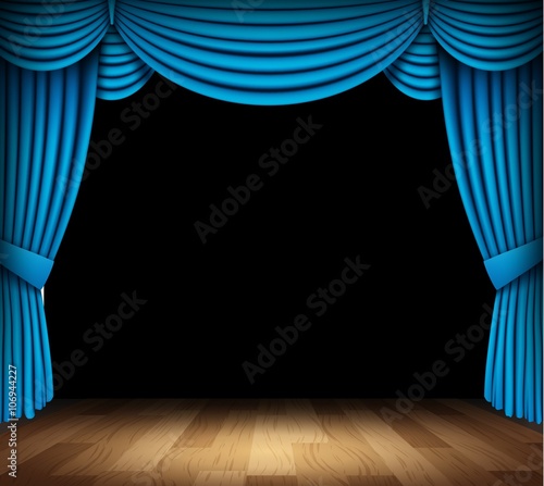 Blue curtain of classical theater with wood floor