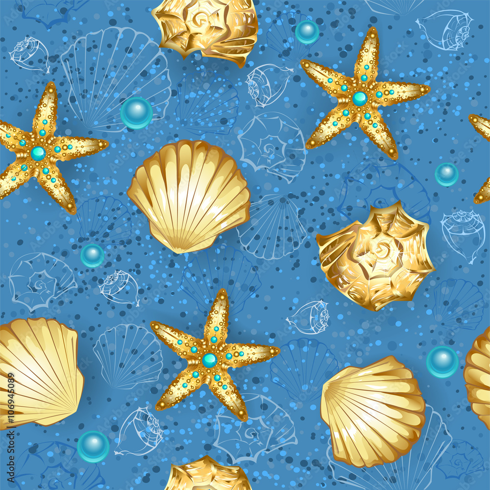 Blue Seamless of Gold Seashells