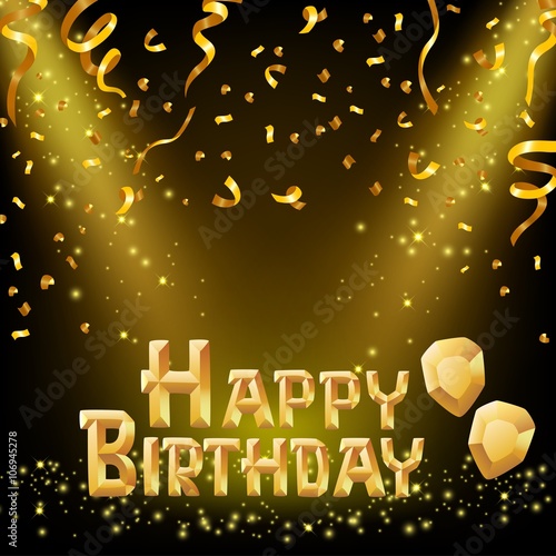 Happy Birthday greeting card with spotlights and gold confetti