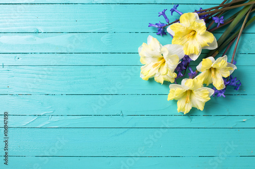 Bright colorful yellow and blue spring flowers on green  painted