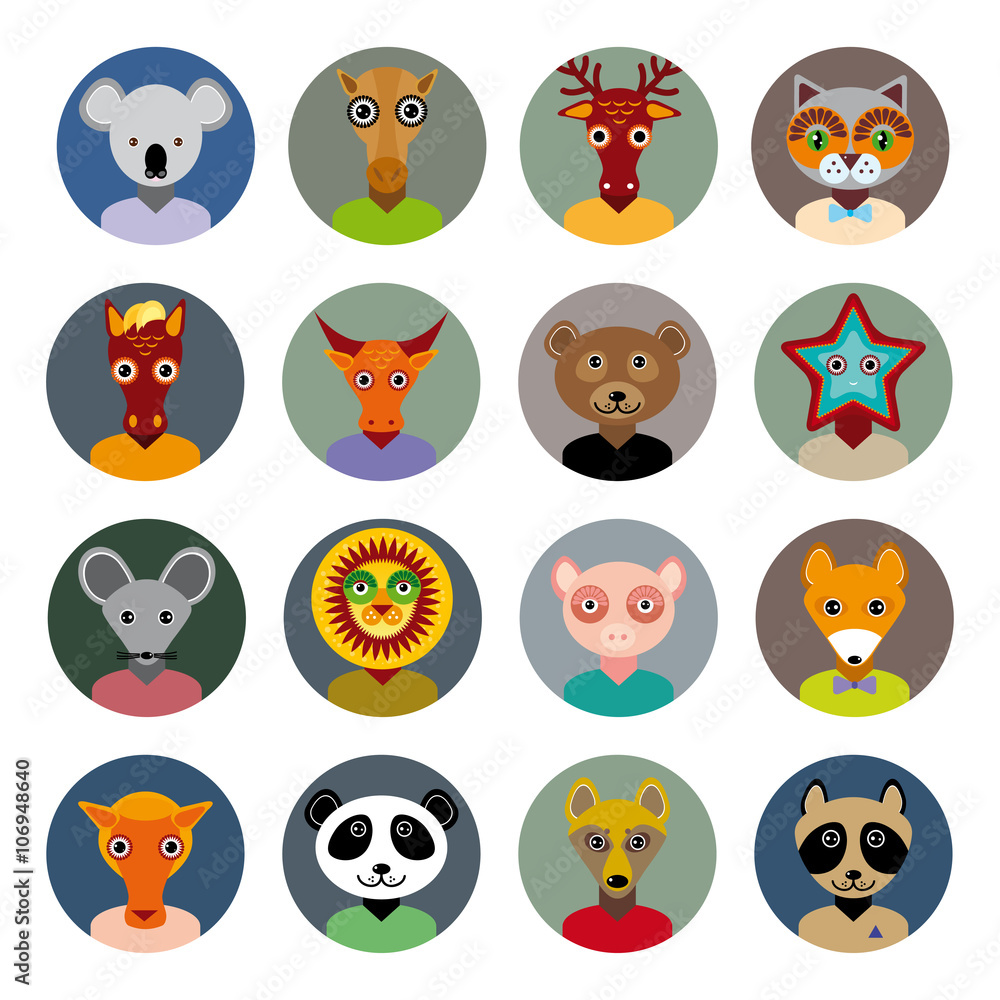 Obraz premium Set of animals faces circle icons set in Trendy Flat Style. zoo infographics design.