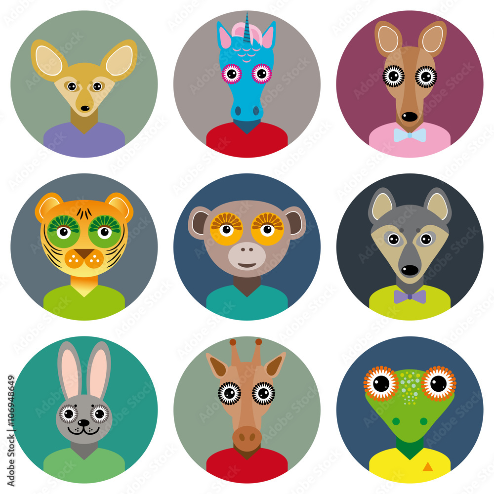 Set of animals faces circle icons set in Trendy Flat Style. zoo infographics design. Set of animals faces circle icons set in Trendy Flat Style. zoo infographics design.