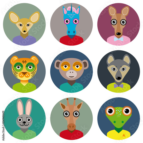 Set of animals faces circle icons set in Trendy Flat Style. zoo infographics design.