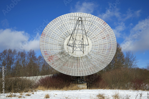 Dish radio telescope Pulkovo Observatory closeup sunny february afternoon. Saint-Petersburg, Russia