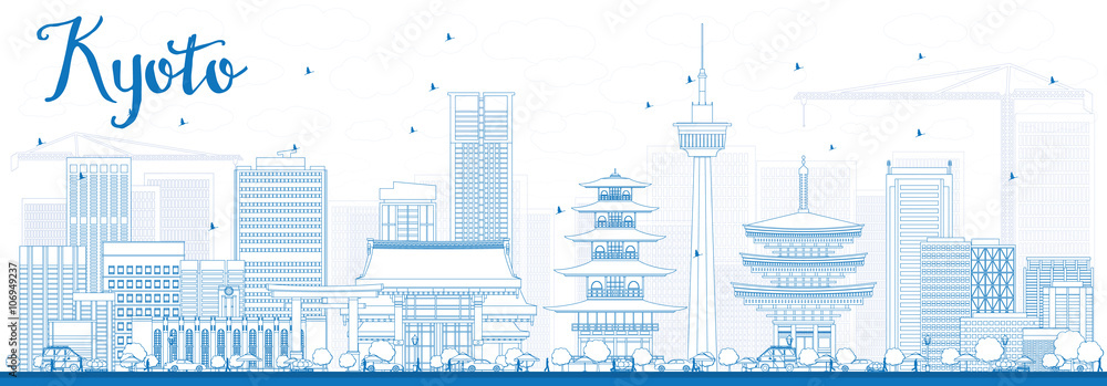 Naklejka premium Zarys panoramę Kioto z niebieskimi punktami orientacyjnymi.