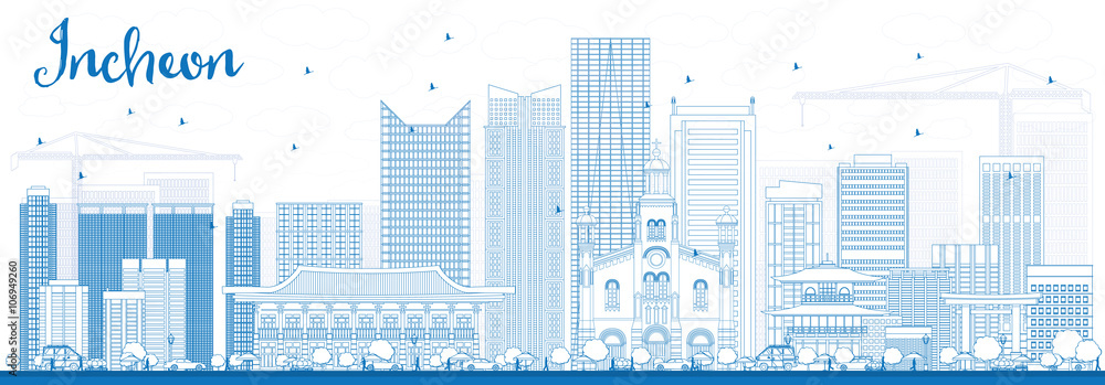 Outline Incheon Skyline with Blue Buildings.