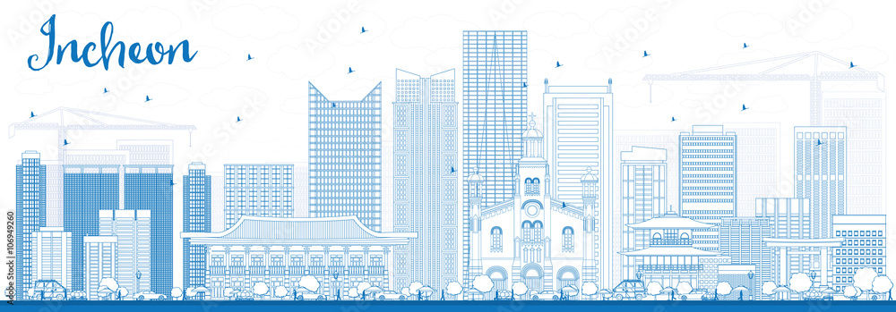 Outline Incheon Skyline with Blue Buildings. Outline Incheon Skyline with Blue Buildings.
