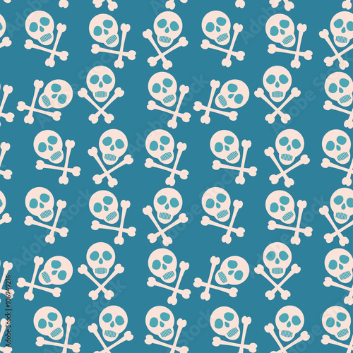 Blue seamless background. Skull and bones. Pirates.