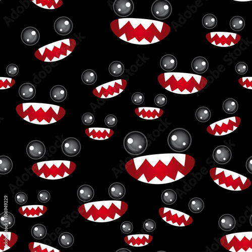 Seamless pattern. Monsters eyes and toothy mouth on black background