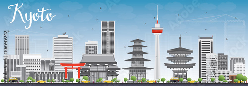 Kyoto Skyline with Gray Landmarks and Blue Sky.