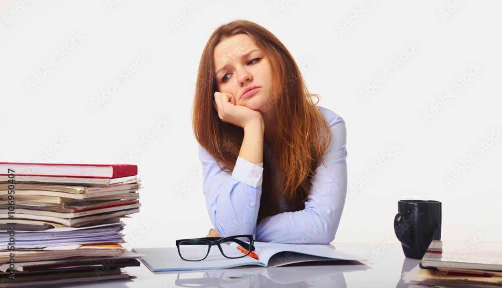 tired and exhausted business woman working with documents (psy tired and exhausted business woman working with documents (psy