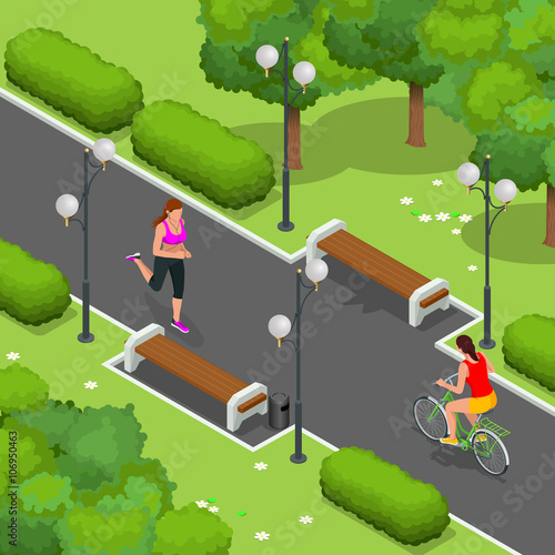 Biker in park, woman running Cycling on bike path. Weekend excursion on their bikes on summer day. Flat 3d vector isometric illustration. People riding bikes. Bikers and bicycling. Sport and exercise.