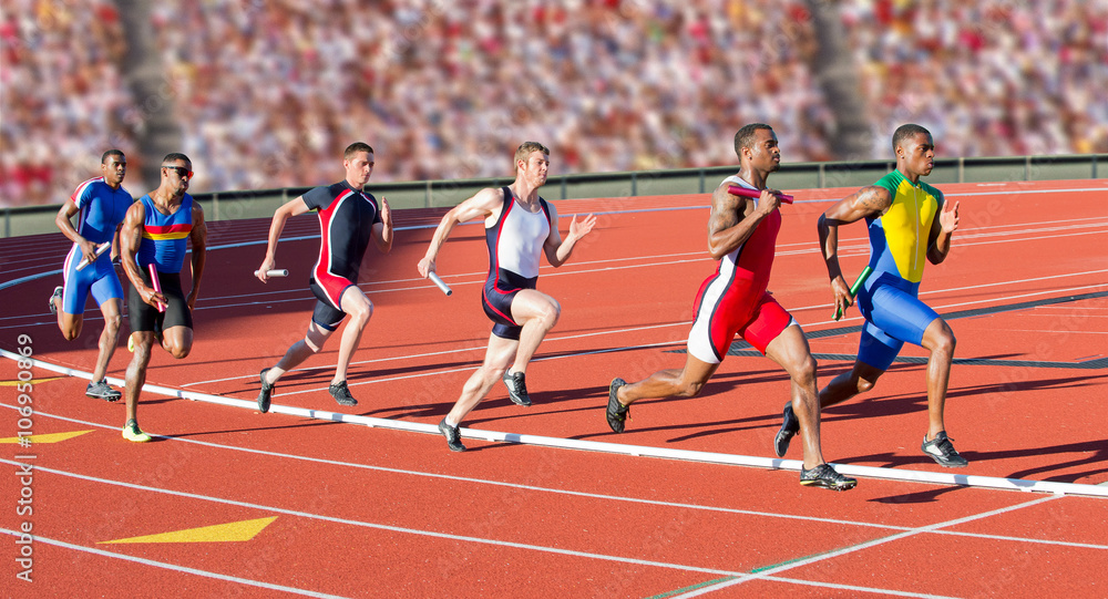 Six athletes running relay race Stock Photo Adobe Stock