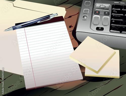 folder, paper and pen with laptop