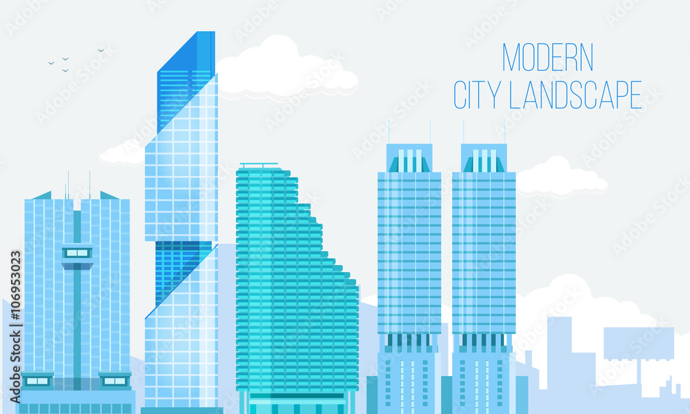 Modern City View Skyscraper Cityscape Background with with Clear Blue Sky and Copy Space. Vector Illustration