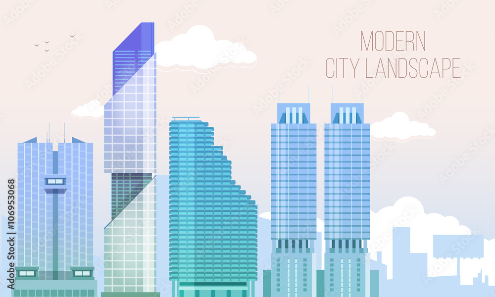 Modern City View Skyscraper Cityscape Background with Evening Sky and Copy Space. Vector Illustration