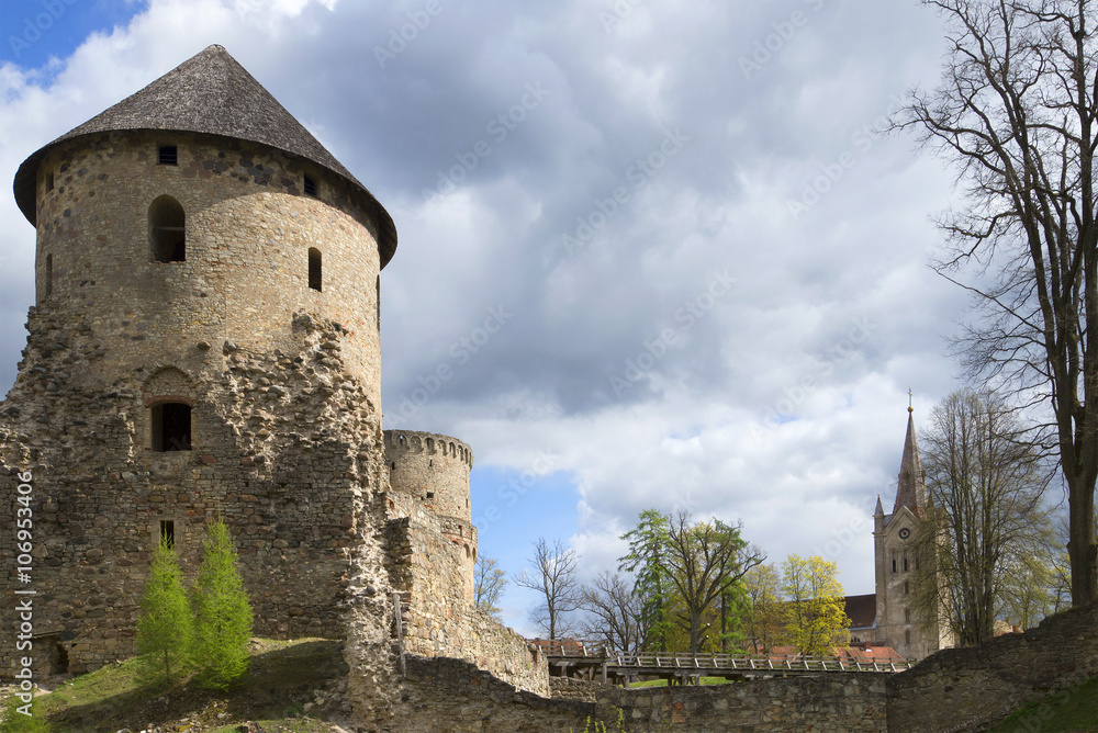 Cloudy spring day in the medieval castle of Cesis. Latvia