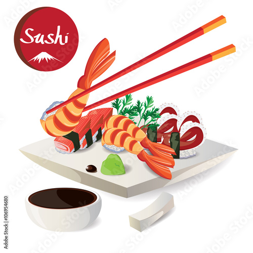 illustration,sushi in dish colorful