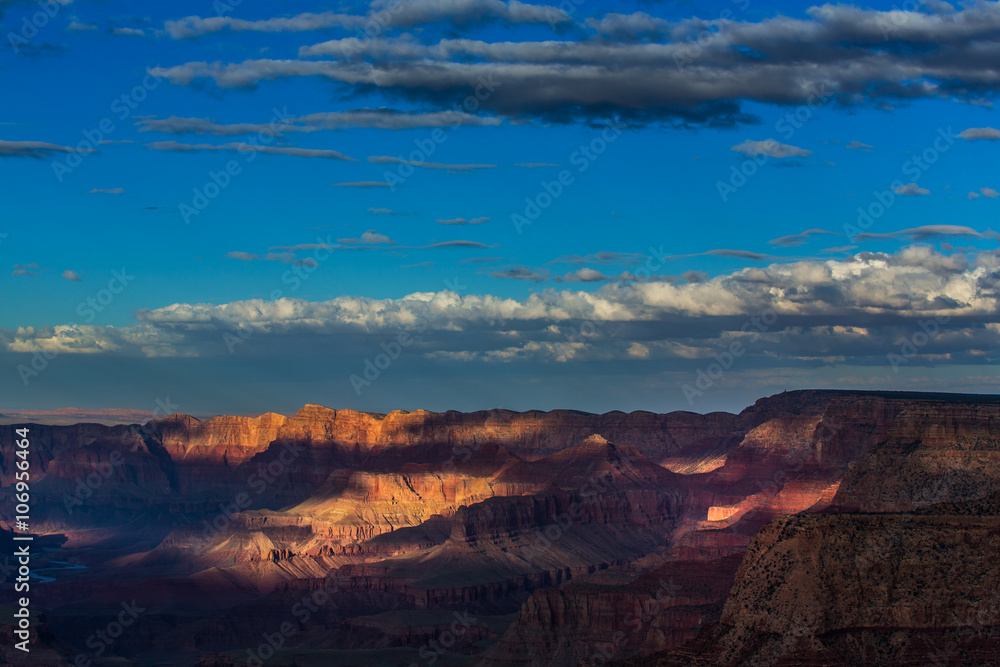 Grand Canyon, Arizona, scenery, profiled on sunset sky, with selective light and shade